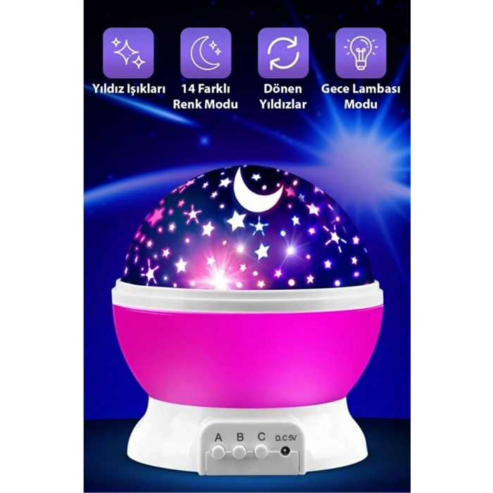 Ay ve Yıldızlı Gökyüzü Yansıtmalı Dönen Projeksiyon Gece Lambası- Çocuk Bebek Odası Pembe