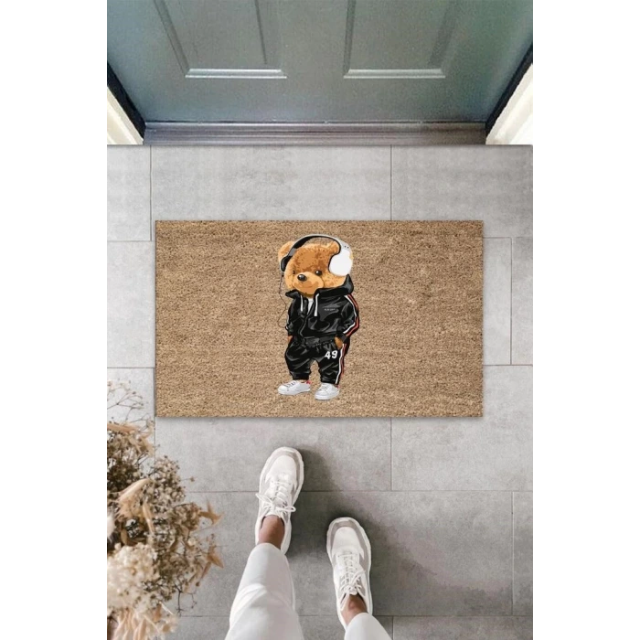 Bej Kapı Önü Paspası Kulaklıklı Ayıcık Desen  K-3347