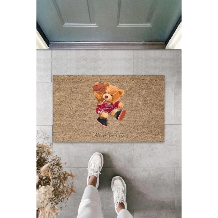 Bej Kapı Önü Paspası Never Give Up Ayıcık Desen  K-3315
