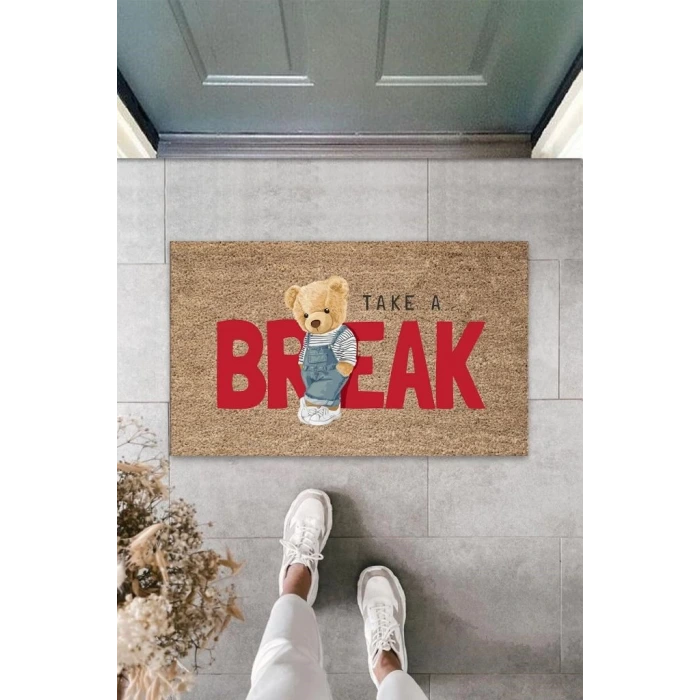Bej Kapı Önü Paspası Take A Break Ayıcık Desen  K-3354