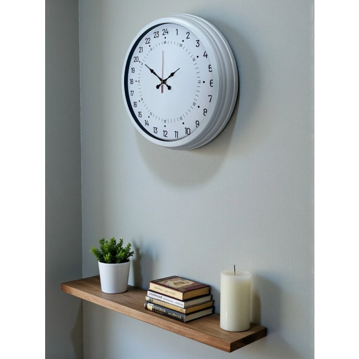 Beyaz 40 Cm Metal 24 Saat Göstergeli Özel Tasarım Duvar Saati