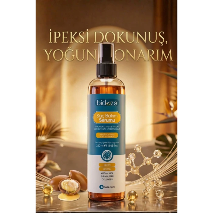 Bidoze Besleyici Onarıcı Yoğun Saç Bakım Serumu 250 ML | Argan Keratin Biotin Kolajen Zengin İçerikli | Kabarma Önleyici & Isı Koruyucu