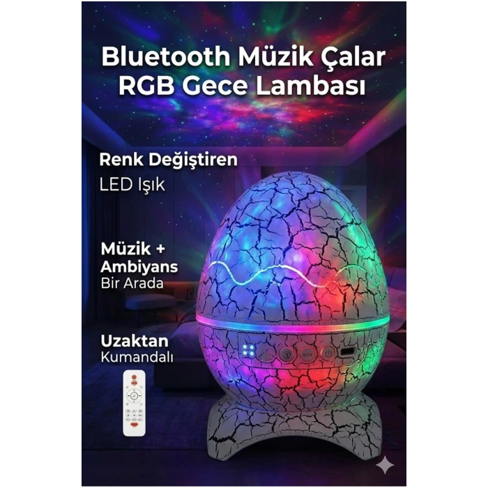 Bluetooth Hoparlörlü RGB Gece Lambası – Dinazor yumurtası Işıklı, Uzaktan Kumandalı Dekor Lamba