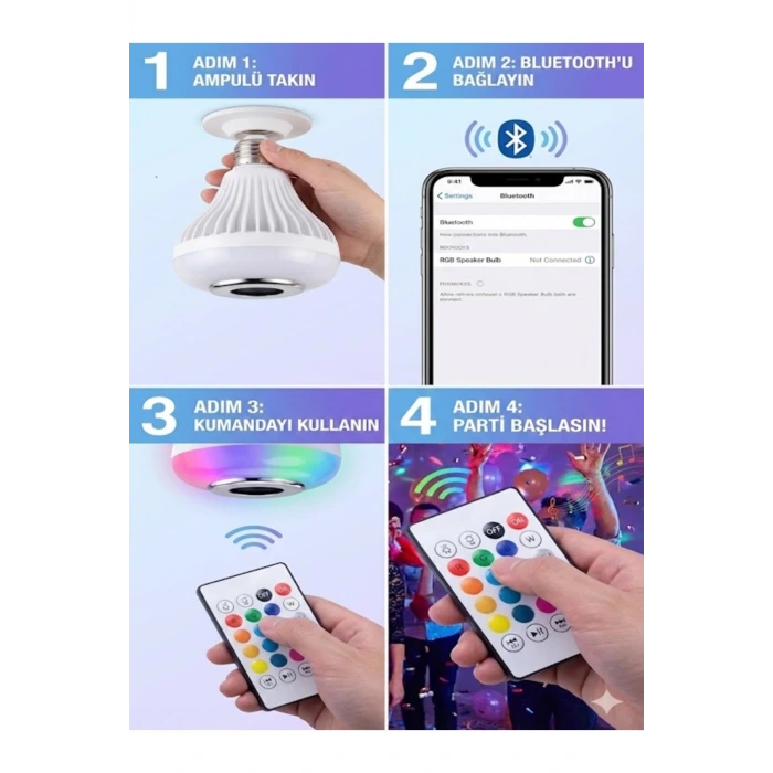 Bluetooth RGB LED Hoparlörlü Akıllı Ampul - Renkli Müzikli Lamba ve Kumanda