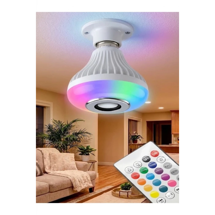 Bluetooth RGB LED Hoparlörlü Akıllı Ampul - Renkli Müzikli Lamba ve Kumanda