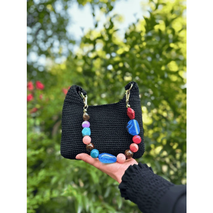 El Yapımı Boncuk Kulplu Siyah Örgü Kadın Omuz Çantası – İpekyıldızı