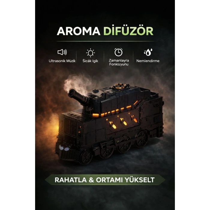 Buhar Efektli Zırhlı Tren Tasarımlı Aromaterapi Hava Nemlendirici – LED Işıklı, Sessiz ve USB Şarjlı