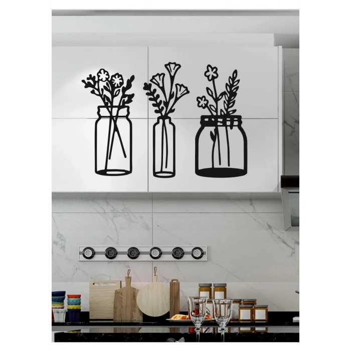 Çiçekli Kavanozlar – Ahşap Mutfak Duvar Dekoru (3’lü Set)