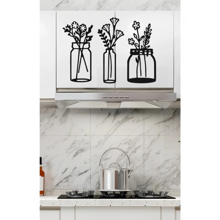 Çiçekli Kavanozlar – Ahşap Mutfak Duvar Dekoru (3’lü Set)