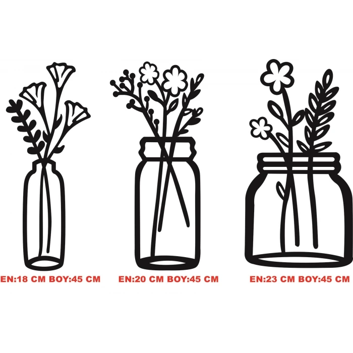 Çiçekli Kavanozlar – Ahşap Mutfak Duvar Dekoru (3’lü Set)