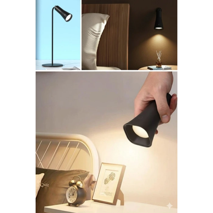 Çok Amaçlı Güçlü Manyetik Başlıklı 4’ü 1 Arada Portatif Siyah LED Lamba Masaüstü, El Feneri, Duvara Asılabilir ve Mandallı Klipsli Işık