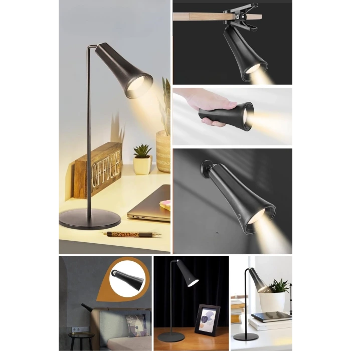 Çok Amaçlı Güçlü Manyetik Başlıklı 4’ü 1 Arada Portatif Siyah LED Lamba Masaüstü, El Feneri, Duvara Asılabilir ve Mandallı Klipsli Işık