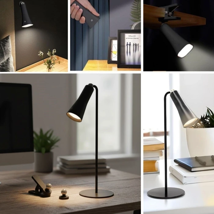 Çok Amaçlı Güçlü Manyetik Başlıklı 4’ü 1 Arada Portatif Siyah LED Lamba Masaüstü, El Feneri, Duvara Asılabilir ve Mandallı Klipsli Işık