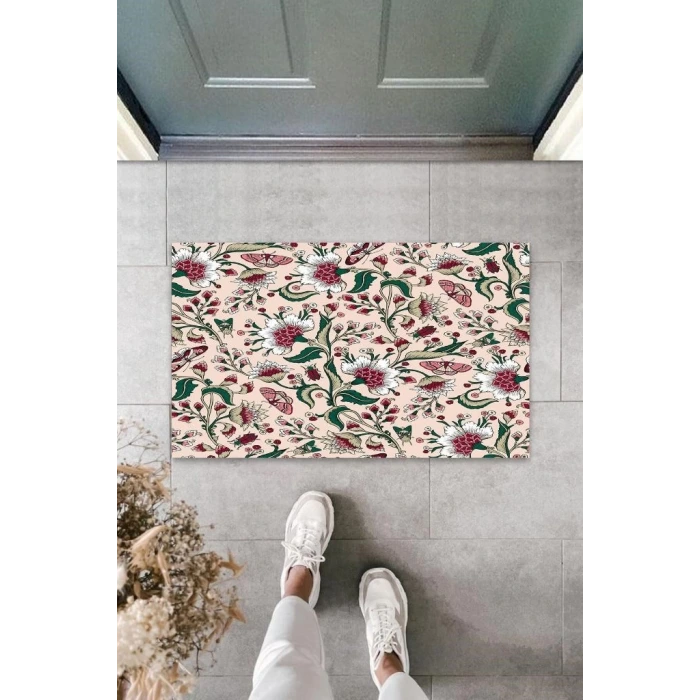Dekoratif Dijital Baskı Pembe-Yeşil Çiçek Dış Mekan Paspas K-3044
