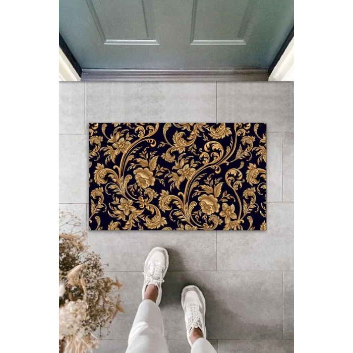 Dekoratif Dijital Baskı Siyah-Gold Çiçek Dış Mekan Paspas K-2097