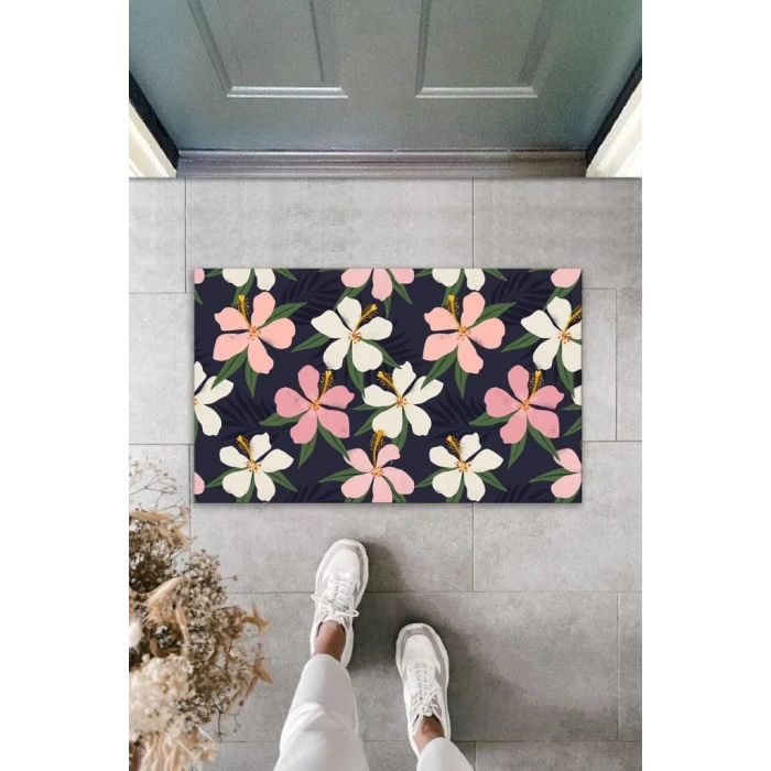 Dekoratif Dijital Baskı Siyah-pembe Çiçek Dış Mekan Paspas K-2102