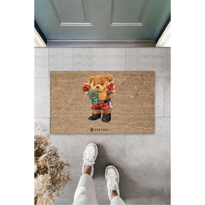 Dekoratif Dijital Fighter Ayıcık Bej Kapı Paspası Dış Mekan Paspas K-3181