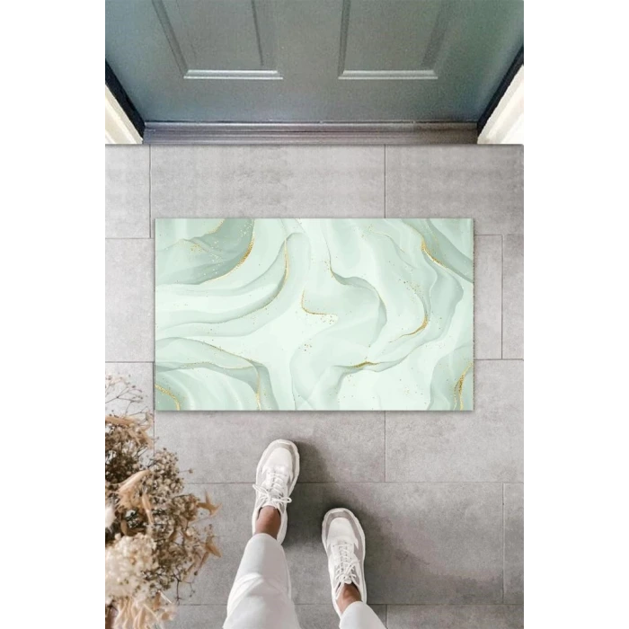 Dekoratif Dijital Modern Dalgalı Turkuaz Yeşil Kapı Paspası Dış Mekan Paspas K-3124