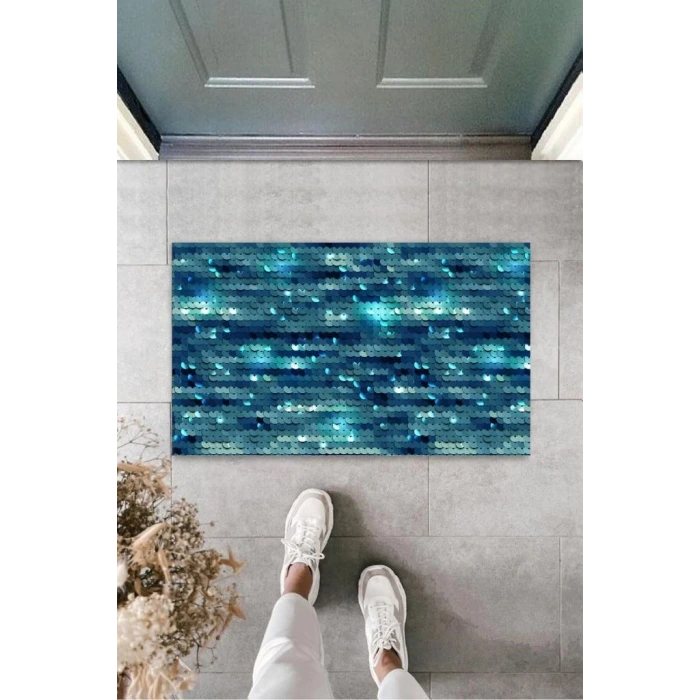 Dekoratif Dijital Pullu Mavi Kapı Paspası Dış Mekan Paspas K-3165