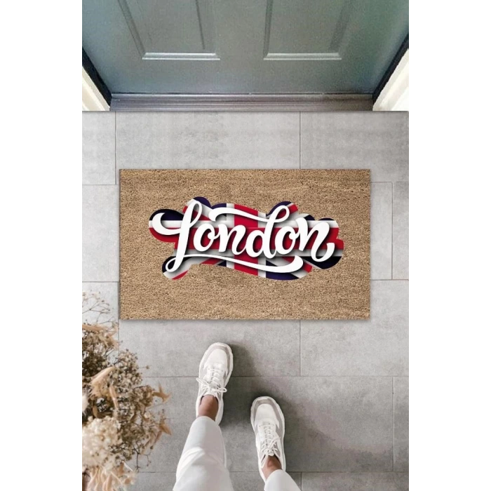 Dijital Baskı Bej London Bayrak Paspas K-3024