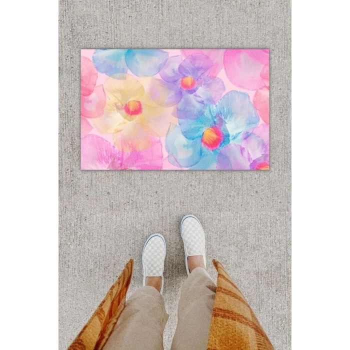 Dijital Baskı Dekoratif Çiçek Ebruli Kapı Önü Paspası K-1261