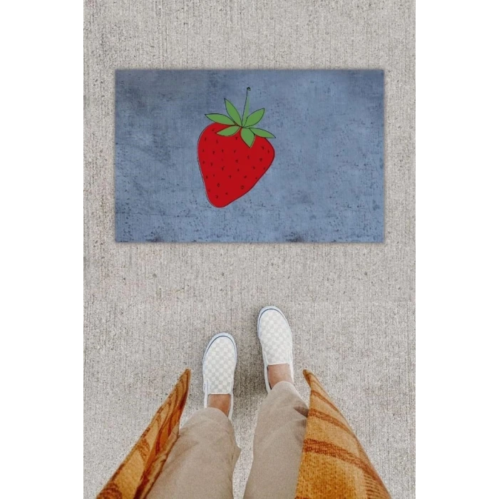 Dijital Baskı Dekoratif Çilek Antrasit Kapı Önü Paspası K-1297