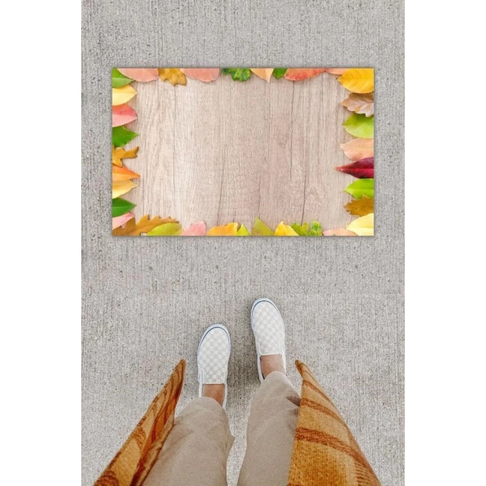 Dijital Baskı Dekoratif Çoklu Yaprak Gri Kapı Önü Paspası K-1233