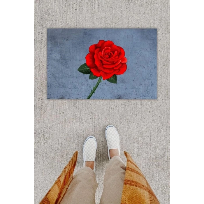 Dijital Baskı Dekoratif Gül Kırmızı Kapı Önü Paspası K-1294