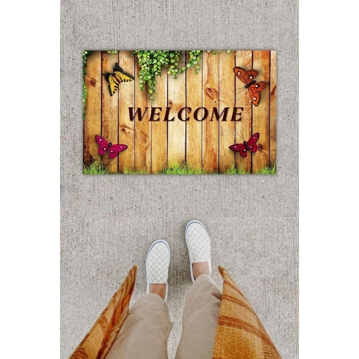 Dijital Baskı Dekoratif lü Kelebek Kahverengi Kapı Önü Paspası K-1257