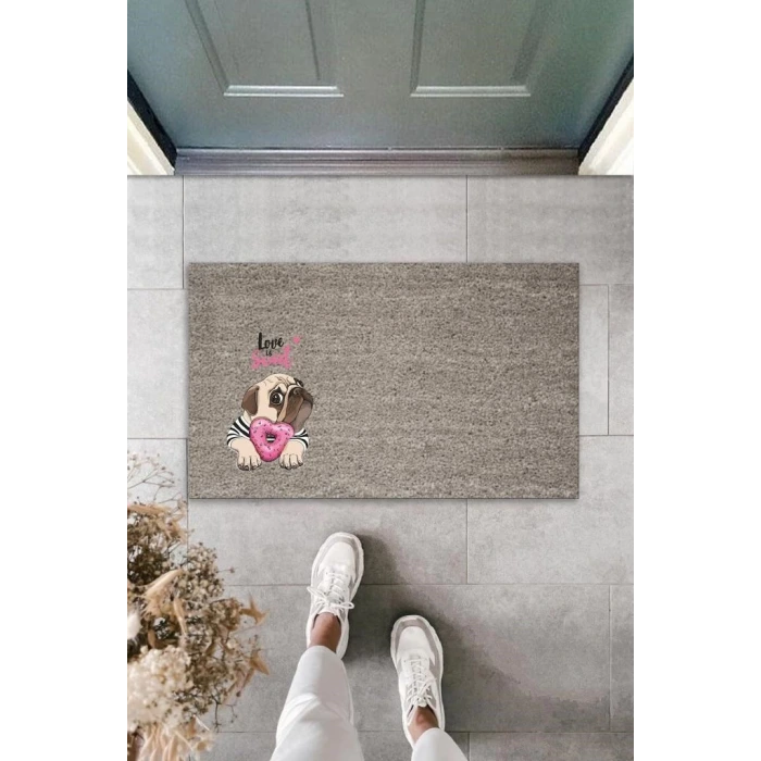 Dijital Baskı Gri Love Sweet Pembe Şekerlemeli Bulldog Köpek Dekoratif Kapı Paspası K-2077