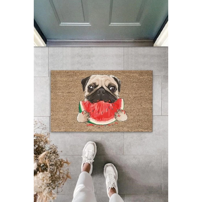 Dijital Baskı Kahverengi Dilim Karpuz Yiyen Köpek Dekoratif Kapı Paspası K-2032