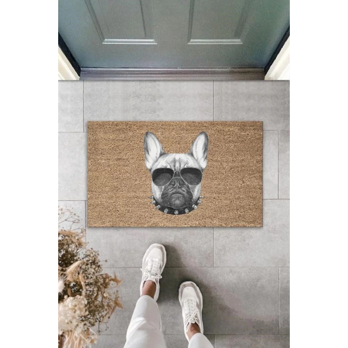 Dijital Baskı Kahverengi Güneş Gözlüklü Tasmalı Ciddi Köpek Dekoratif Kapı Paspası K-2017