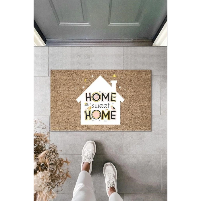 Dijital Baskı Kahverengi Home Sweet Home Yazılı Beyaz Ev Dekoratif Kapı Paspası K-2006