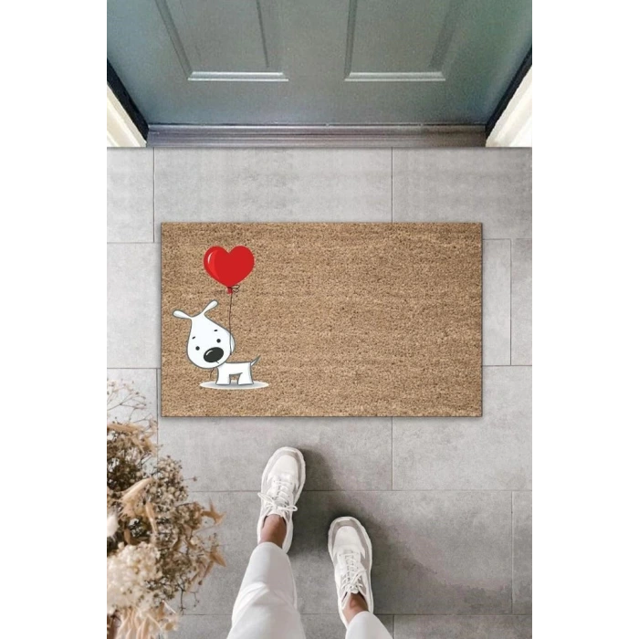 Dijital Baskı Kahverengi Kırmızı Balonlu Beyaz Köpek Dekoratif Kapı Paspası K-2014