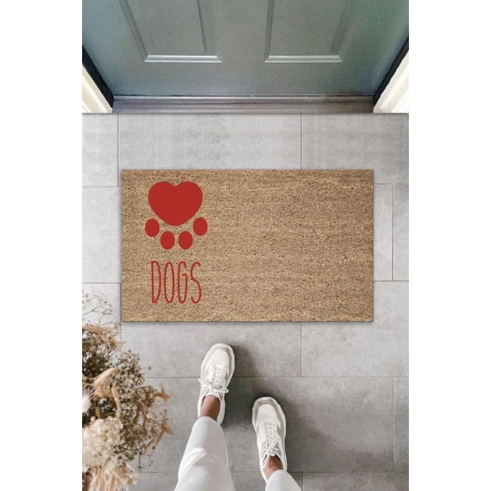 Dijital Baskı Kahverengi Kırmızı Kalpli Dogs Dekoratif Kapı Paspası K-2072