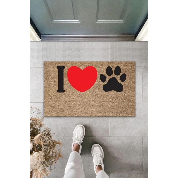 Dijital Baskı Kahverengi Kırmızı Kalpli I Love Pati Dekoratif Kapı Paspası K-2074