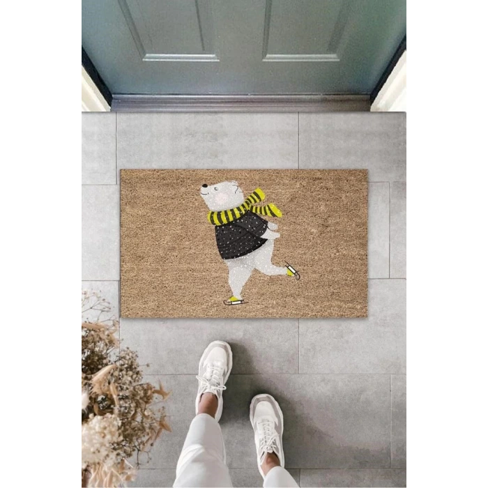 Dijital Baskı Kahverengi Patenli Mutlu Ayı Kapı Paspası K-3157