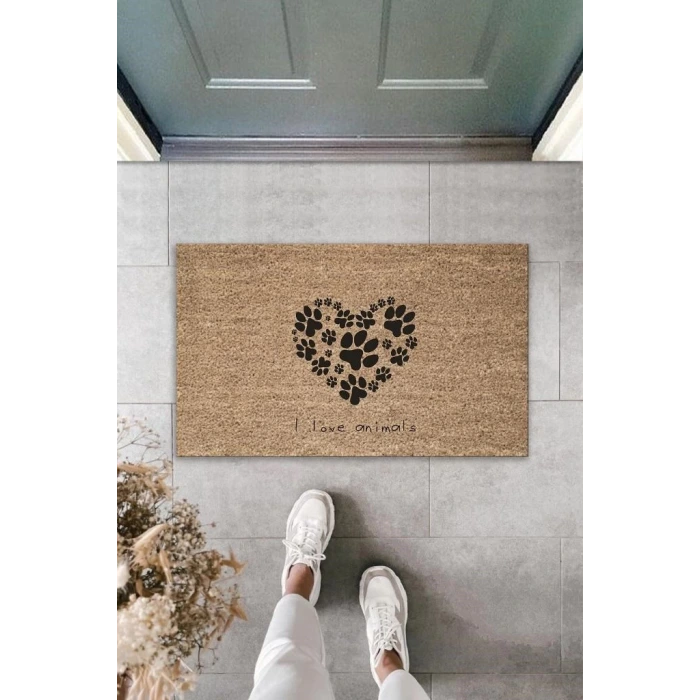 Dijital Baskı Kahverengi Patili Kalp I Love Animals Dekoratif Kapı Paspası K-2011