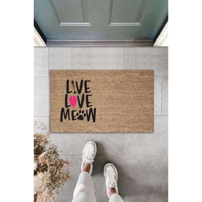 Dijital Baskı Kahverengi Pembe Kalpli Kılçıklı Love Meow Dekoratif Kapı Paspası K-2046