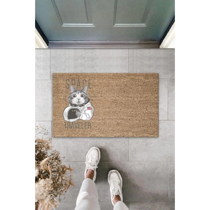 Dijital Baskı Kahverengi Space Traveler Astronot Kedi Dekoratif Kapı Paspası K-2034