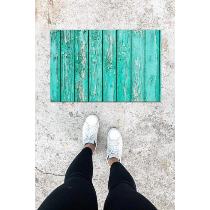 Dijital Baskı Mavi Ahşap Kapı Desen Kapı Önü Paspası K-1045