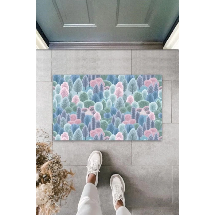 Dijital Baskı Pembe-Mavi Küçük Ağaçlar Paspas K-3094