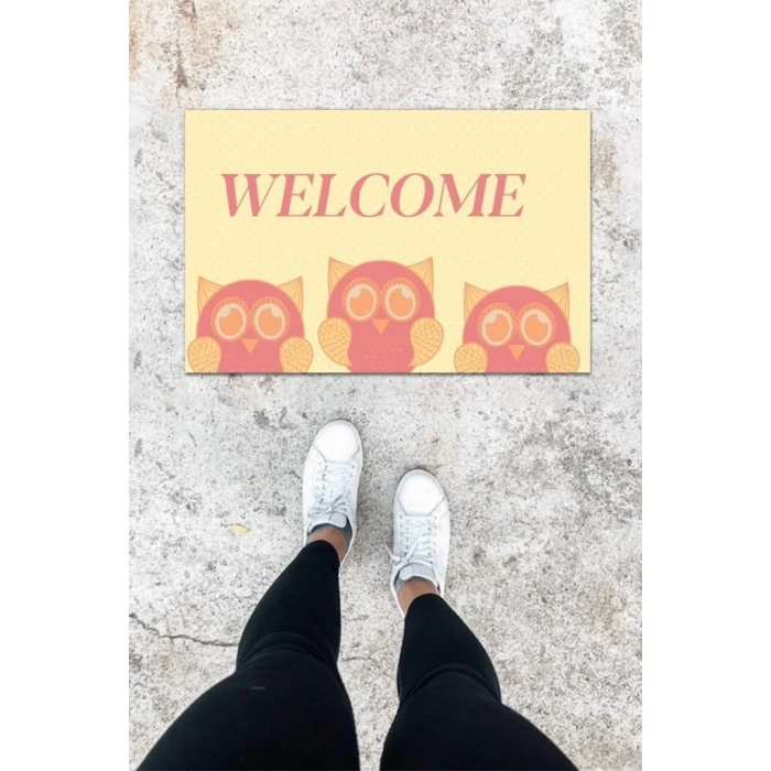 Dijital Baskı Pembe Üç Baykuş Desen Kapı Önü Paspası K-1032