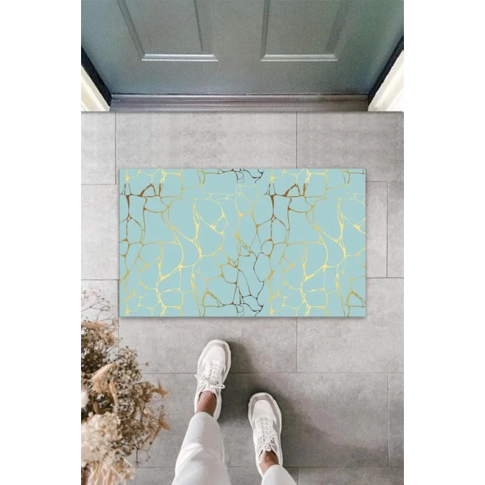 Dijital Baskı Turkuaz-Gold Ebruli Kapı Paspası K-3079