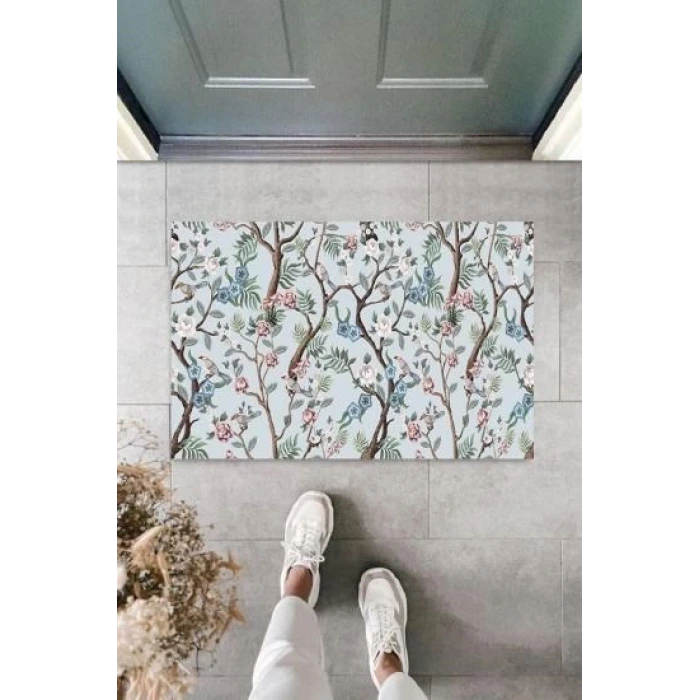 Dijital Daldaki Kuşlar Mavi Kapı Paspası Dış Mekan Paspas K-3052