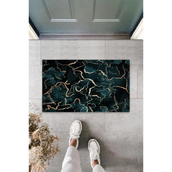 Dijital Modern Yeşil-Gold Kapı Paspası Dış Mekan Paspas K-3129