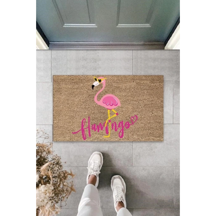 Dijital Pembe Flamingo Bej Kapı Paspası Dış Mekan PaspasK-3050