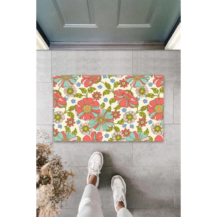 Dijital Soft Çiçekler Gül Kurusu Kapı Paspası Dış Mekan Paspas K-3121