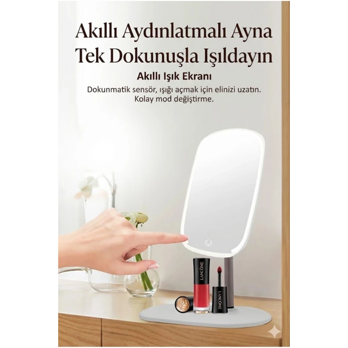 Dokunmatik led ışıklı makyaj aynası dikdörtgen 3 renk ışık LED MASA AYNASI
