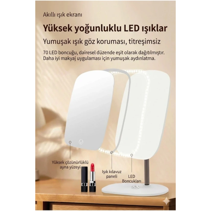 Dokunmatik led ışıklı makyaj aynası dikdörtgen 3 renk ışık LED MASA AYNASI